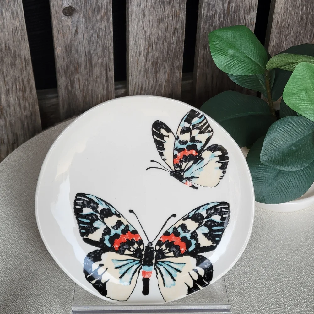 Butterfly Design Ceramic Plate: Black, Red, Blue -TAG